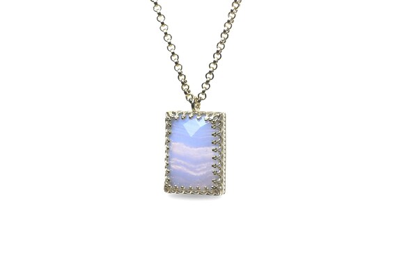 Blue Lace Agate Necklace  · Silver Agate Pendent · Blue Pendant Necklace · Rectangle Pendant · Long Custom Crown Necklace