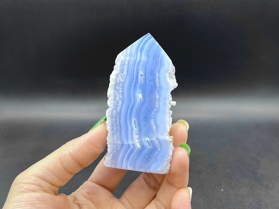 3.1" Blue Lace Agate Point Tower Blue Lace Agate Druzy Geode Slice Tower Stone Standing Point Meditation Tool Healing Reiki Bt-05