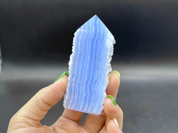 3.3" Blue Lace Agate Point Tower Blue Lace Agate Druzy Geode Slice Tower Stone Standing Point Meditation Tool Healing Reiki Bt-03