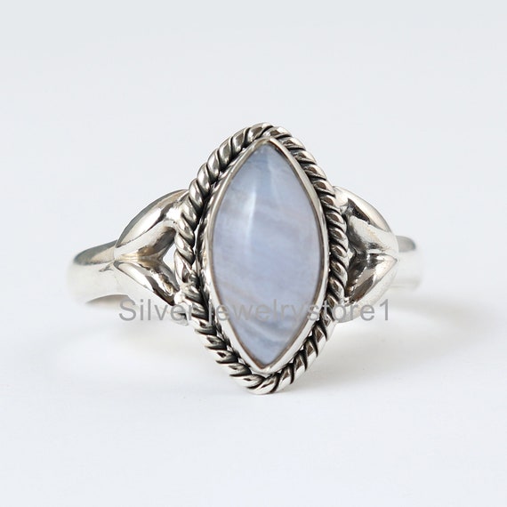 Natural Blue Lace Agate Ring, 925 Silver Rings, Marquise Blue Lace Agate Ring, Women Rings, Gemstone Ring, Blue Agate Ring, Silver Ring