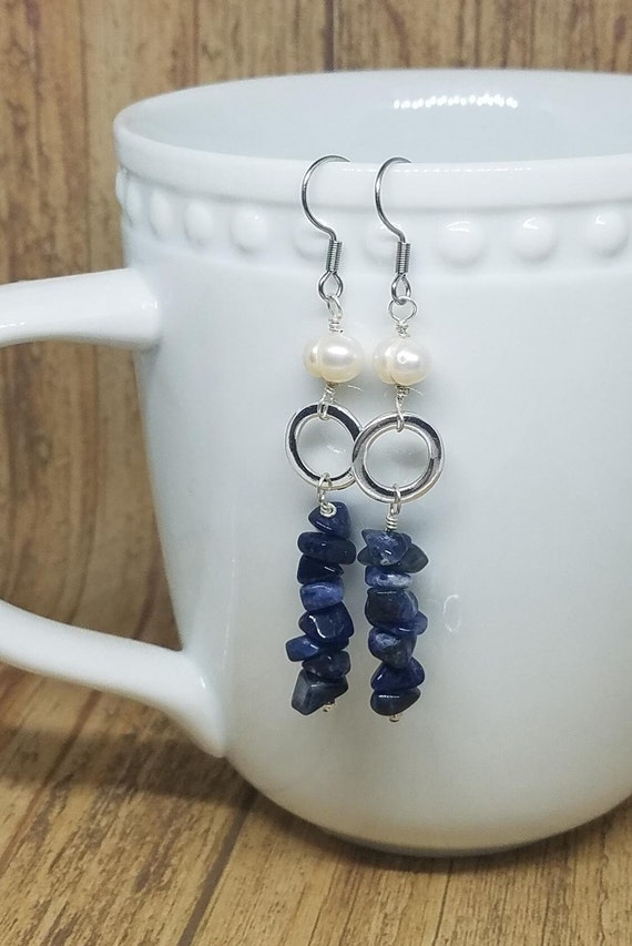 Handmade Sodalite And Pearl Earrings, Stainless Steel Hooks