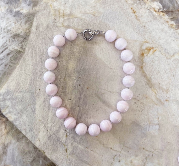 Petal Pink Mangano Calcite 20mm Round Beaded Necklace With Interlocking Ring Clasp - Very Rare Top Quality