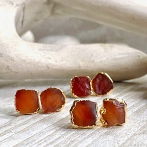 Shop Carnelian Earrings! Carnelian Earrings, Carnelian Studs Earrings, Raw Carnelian Jewelry, Orange Crystal Earrings, July Birthstone Gift for Her | Natural genuine Carnelian earrings. Buy crystal jewelry, handmade handcrafted artisan jewelry for women.  Unique handmade gift ideas. #jewelry #beadedearrings #beadedjewelry #gift #shopping #handmadejewelry #fashion #style #product #earrings #affiliate #ad