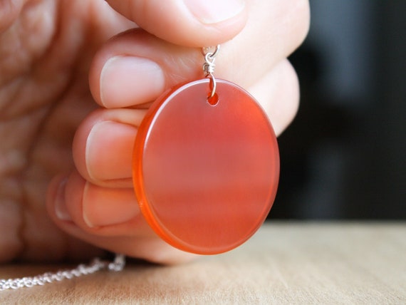 Real Carnelian Necklace . Circle Gemstone Necklace Sterling Silver 925 . Healing Crystal Necklace For Inner Strength