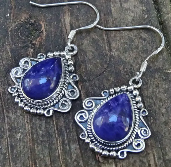 925 - Purple Charoite Earrings, Sterling Silver, Natural Stone, Bohemian Earrings, Long Silver Purple Gemstone Statement Earrings