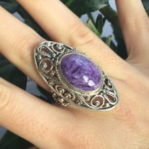 Shop Charoite Jewelry! Charoite Ring, Natural Charoite, Vintage Silver Ring, Purple Ring, Large Victorian Ring, Vintage Rings, Antique Ring, Solid Silver, Charoite | Natural genuine Charoite jewelry. Buy crystal jewelry, handmade handcrafted artisan jewelry for women.  Unique handmade gift ideas. #jewelry #beadedjewelry #beadedjewelry #gift #shopping #handmadejewelry #fashion #style #product #jewelry #affiliate #ad