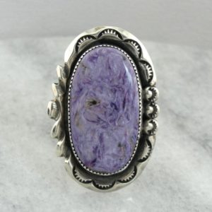 Shop Charoite Rings! Oversized Charoite Gemstone Statement Ring, Sterling Silver Mounting from the American West 7851H7-R | Natural genuine Charoite rings, simple unique handcrafted gemstone rings. #rings #jewelry #shopping #gift #handmade #fashion #style #affiliate #ad