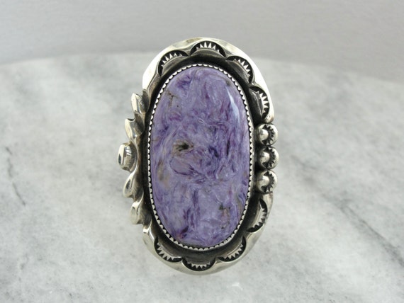 Oversized Charoite Gemstone Statement Ring, Sterling Silver Mounting From The American West 7851h7-r