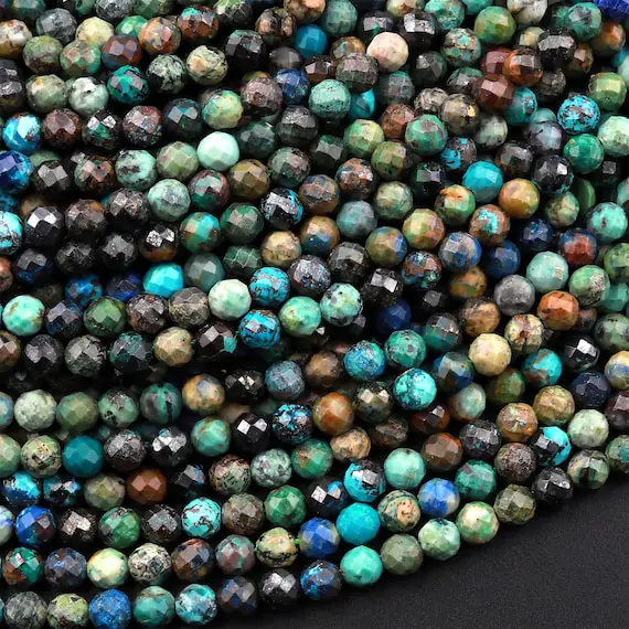 Natural Chrysocolla 2mm 3mm 4mm Faceted Round Beads Laser Diamond Cut Gemstone 15.5" Strand