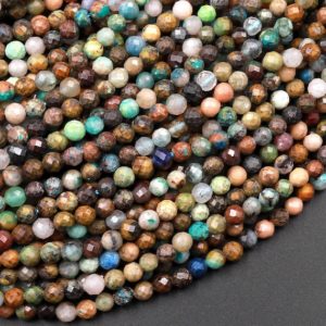 Shop Chrysocolla Faceted Beads! Natural Green Brown Chrysocolla 3mm 4mm Faceted Round Beads Micro Laser Diamond Cut Gemstone 15.5" Strand | Natural genuine faceted Chrysocolla beads for beading and jewelry making.  #jewelry #beads #beadedjewelry #diyjewelry #jewelrymaking #beadstore #beading #affiliate #ad