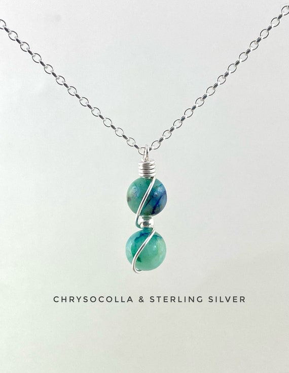 Chrysocolla Necklace, 925 Sterling Silver, Tiny Abstract Necklace, Summer Necklace