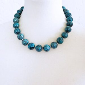 Shop Chrysocolla Necklaces! Teal Blue Arizona Chrysocolla 16mm Round Beaded Necklace with Interlocking Ring Clasp | Natural genuine Chrysocolla necklaces. Buy crystal jewelry, handmade handcrafted artisan jewelry for women.  Unique handmade gift ideas. #jewelry #beadednecklaces #beadedjewelry #gift #shopping #handmadejewelry #fashion #style #product #necklaces #affiliate #ad