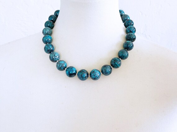 Teal Blue Arizona Chrysocolla 16mm Round Beaded Necklace With Interlocking Ring Clasp