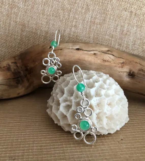 Green Sea Foam Earrings, Bubble Sterling Silver Dangle Earrings, Unique Green Chrysoprase Earrings, Chrysoprase Natural Gemstones