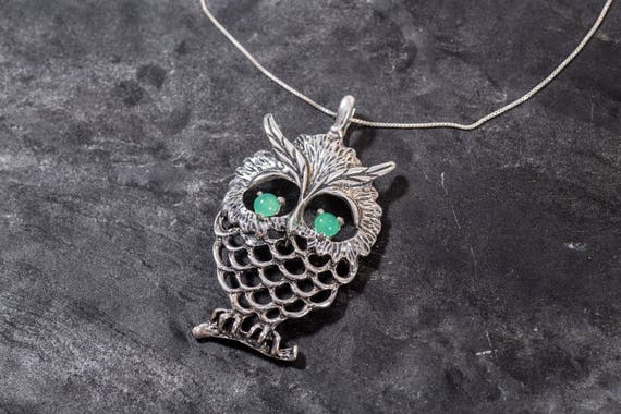 Owl Pendant, Silver Owl Pendant, Chrysoprase Pendant, Artistic Pendant, Chrysoprase Eyes, Solid Silver Pendant, Wisdom Pendant, Owl