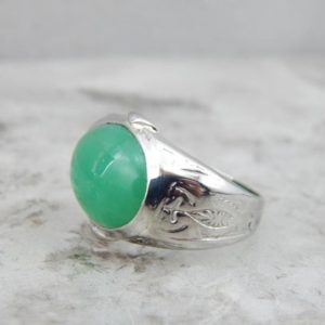 Shop Chrysoprase Rings! Vintage Religious White Gold And Chrysoprase Ring ZK191T-D | Natural genuine Chrysoprase rings, simple unique handcrafted gemstone rings. #rings #jewelry #shopping #gift #handmade #fashion #style #affiliate #ad