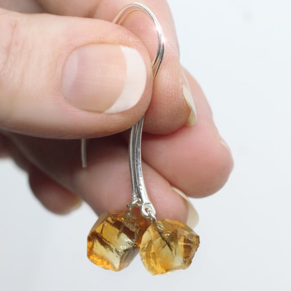 Drops Of The Sun - Natural Rough Citrine Gemstone Drop Sterling Silver Earrings