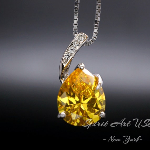 Yellow Moissanite Gemstone Necklace - Solitaire Teardrop Cut - 18kgp @ Sterling Silver - Lab Created Citrine November Birthstone #585