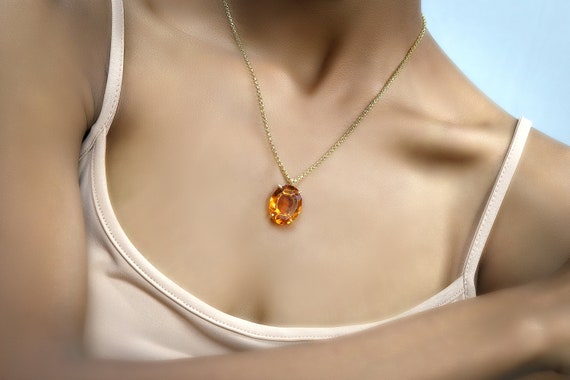 Oval Pendant · Citrine Necklace · 4 Prong Pendant · Long Gold Necklace · Necklace For Sisters