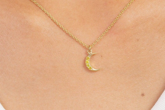 Crescent Moon Yellow Sapphire Necklace, September Birthstone Necklace, Unique Necklace Gift For Women, Crescent Charm