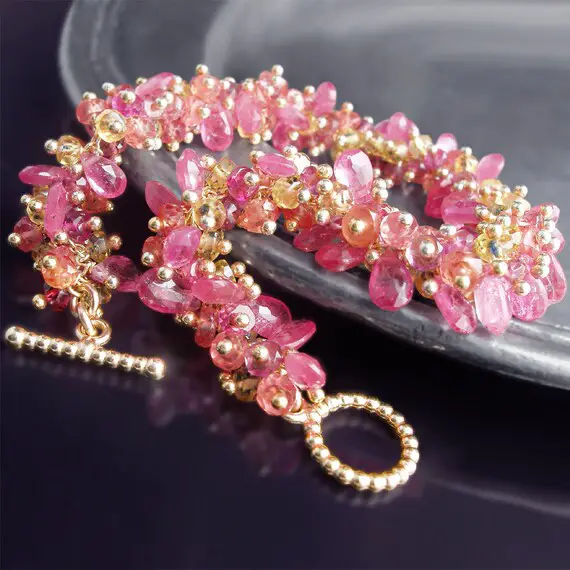 Custom Made To Order - 14k Pink And Yellow Sapphire Bracelet With Hot Pink Tourmaline And Orange Padaparascha Sapphires