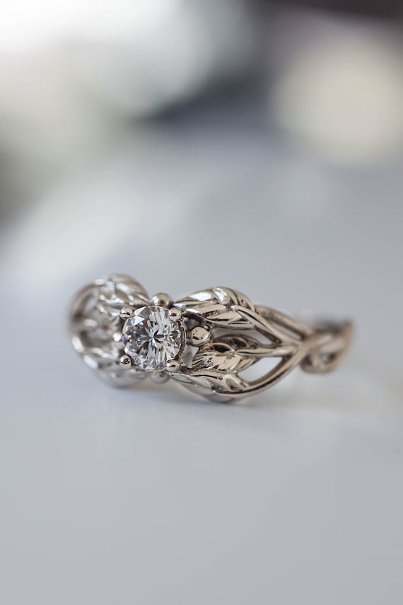 White Gold Engagement Ring, Natural Diamond Ring, Nature Inspired Engagement Ring, Leaves Ring, Real Diamond, Leaf Ring, Unique Ring Woman