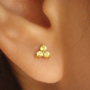 Diamond Yellow Sapphire Earrings / Sterling Silver Trio Studs / Bridesmaid Gifts / Three Stone Earrings / Minimalist Earrings | Natural genuine Gemstone earrings. Buy crystal jewelry, handmade handcrafted artisan jewelry for women.  Unique handmade gift ideas. #jewelry #beadedearrings #beadedjewelry #gift #shopping #handmadejewelry #fashion #style #product #earrings #affiliate #ad