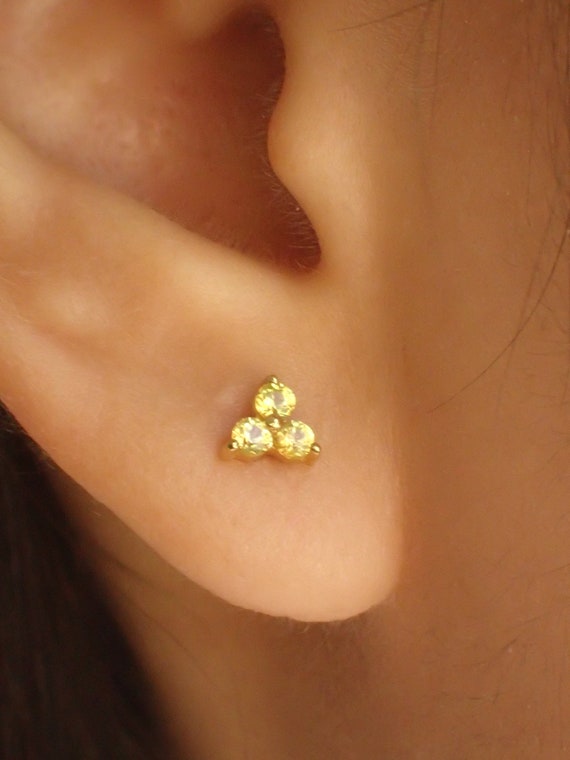 Yellow Sapphire Earrings / Trio Studs / Bridesmaid Gifts / Three Stone Earrings / Minimalist Earrings