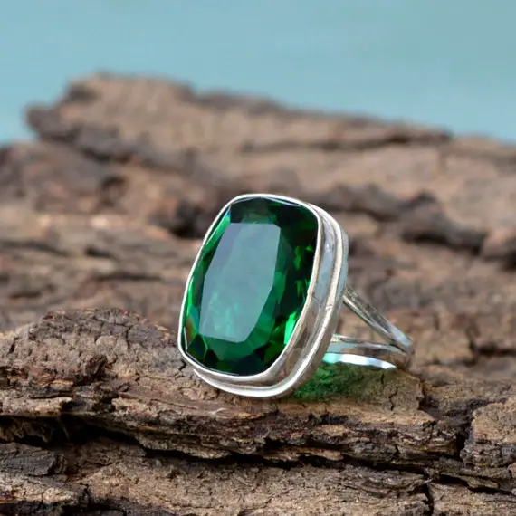 Chrome Diopside Quartz Ring, Bezel Set Ring, Cushion Green Quartz Ring, 925 Sterling Silver Ring, Birthstone Ring, Beautiful Large Gift Ring