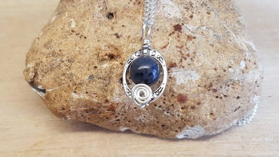 Small Dumortierite Pendant. Reiki Jewelry Uk. 10mm Blue Stone. Silver Plated Frame Necklace