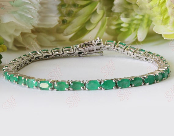Emerald Women Tennis Silver Bracelet, Oval 5x3mm Natural Emerald Bracelet For Birthday Gift For Wife, Ready To Ship Jewelry, Gift For Women