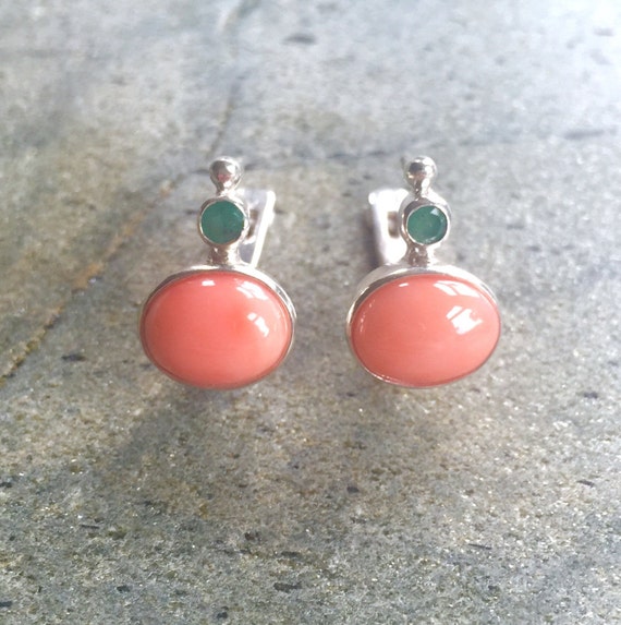 Coral Earrings, Natural Coral, Emerald Earrings, Natural Emerald, Pink Coral, Vintage Emerald, Vintage Coral Ring, Silver Earrings, Vintage
