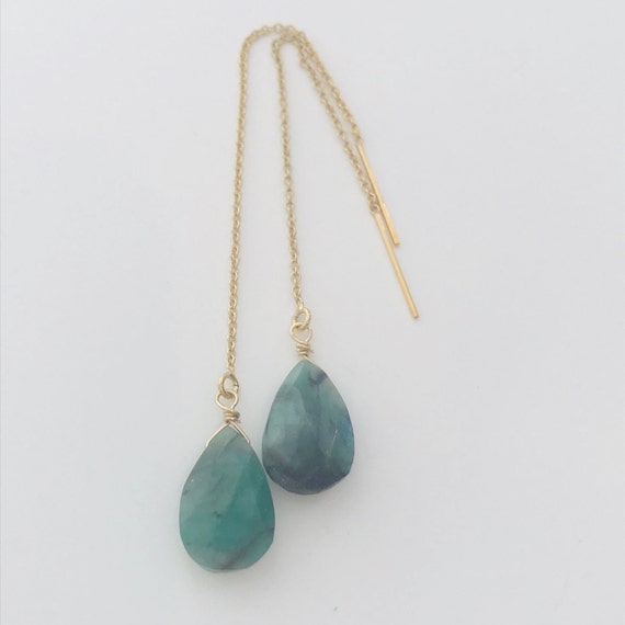 Emerald Earrings Gemstone Threader Earrings  Emerald Dangle Earrings -gold Ear Thread Earrings Ear Threader Earrings May Birthstone Minimal
