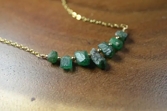 Raw Emerald Necklace In 14k Gold, Sterling Silver // May Birthstone // 20th, 35th Anniversary // Healing Crystal Necklace // Heart Chakra