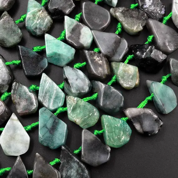 Natural Green Emerald Beads Flat Freeform Teardrop Gemstone 15.5" Strand