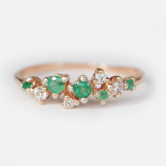 Emerald Ring , Emerald And Diamond Cluster Ring, Unique Emerald Stackable Ring, Genuine Emerald, May Birthstone, Rose Gold Emerald Ring