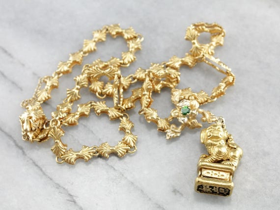Chinese Foo Dog Necklace, Foo Dog Charm, Vintage Gold Lion Necklace, Demantoid Garnet Necklace A8760r-d