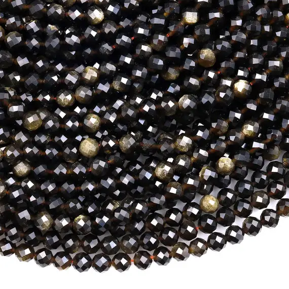 Aaa Micro Faceted Natural Golden Obsidian 2mm 3mm 4mm Round Beads 15.5" Strand