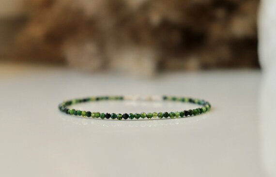 Green Tourmaline Bracelet, 2mm Bead Bracelet, Bracelet Femme, Genuine Tourmaline Jewelry, Delicate Womens Gemstone Bracelet, Dainty Crystal