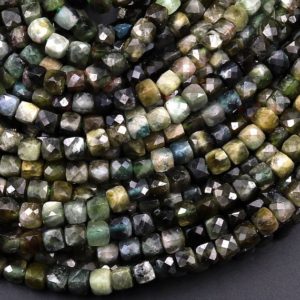 Shop Green Tourmaline Beads! Natural Green Tourmaline Faceted 4mm Cube Square Dice Beads Gemstone 15.5" Strand | Natural genuine faceted Green Tourmaline beads for beading and jewelry making.  #jewelry #beads #beadedjewelry #diyjewelry #jewelrymaking #beadstore #beading #affiliate #ad