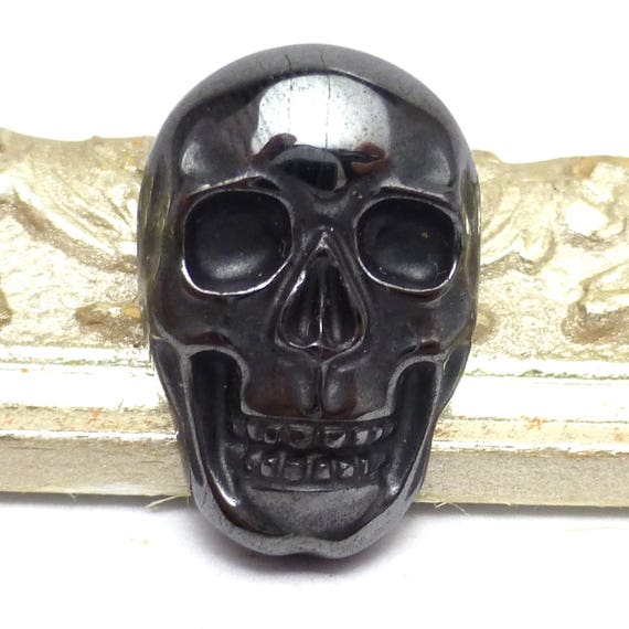 Hematite Cabochon Skull Black Gunmetal Aaa+ Grade Shiny Opaque Handmade Carved Halloween Day Of The Dead Biker One Of A Kind Carving Medium