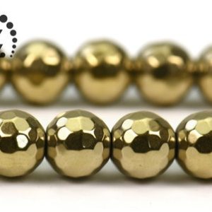 Shop Hematite Faceted Beads! Hematite faceted (128 faces) round bead,Light Gold hematite,electroplated hematite,Grade AA,gemstone,diy,6mm 8mm 10mm 12mm,15" full strand | Natural genuine faceted Hematite beads for beading and jewelry making.  #jewelry #beads #beadedjewelry #diyjewelry #jewelrymaking #beadstore #beading #affiliate #ad