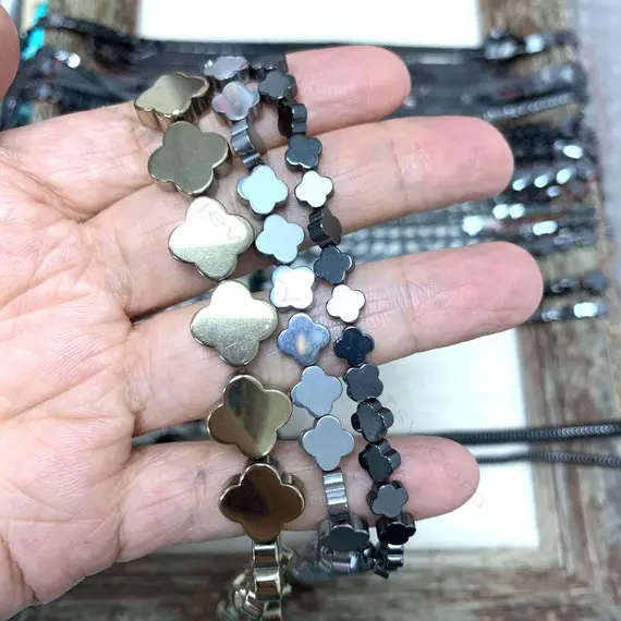 Natural Hematite Clover Beads 6mm 8mm 10mm 13mm, Hematite Flat 4 Leaf Clover Spacer Beads, Gemstone Clover Charms,gray Hematite Pendant