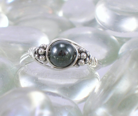 Hematite Sterling Silver Bali Bead Ring - Any Size