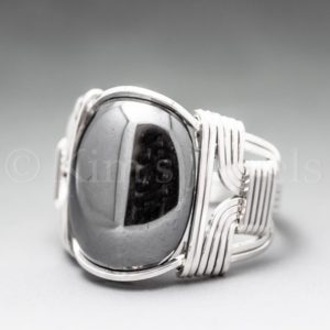 Hematite Sterling Silver Wire Wrapped Gemstone Cabochon Ring – Optional Oxidation/Antiquing – Made to Order, Ships Fast! | Natural genuine Gemstone rings, simple unique handcrafted gemstone rings. #rings #jewelry #shopping #gift #handmade #fashion #style #affiliate #ad