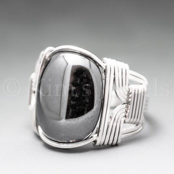 Hematite Sterling Silver Wire Wrapped Gemstone Cabochon Ring - Optional Oxidation/antiquing - Made To Order, Ships Fast!