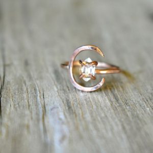 Rose Gold Moon Ring & Flawless Herkimer Diamond, Crescent Moon and Clear Quartz Ring, Rose Gold Half Moon Jewelry for Women, Any Size | Natural genuine Gemstone rings, simple unique handcrafted gemstone rings. #rings #jewelry #shopping #gift #handmade #fashion #style #affiliate #ad