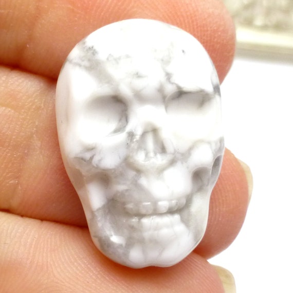 White Gemstone Cabochon Skull Opaque Howlite Handmade Carved Halloween Day Of The Dead Biker One Of A Kind Carving