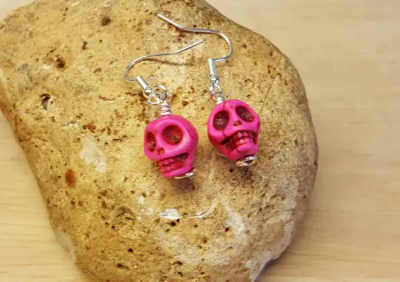 Pink Skull Earrings. Halloween Earrings. Howlite Earring. Reiki Jewelry Uk. Gemini Jewelry.