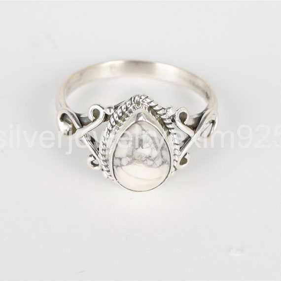 Howlite Gemstone Ring, Handmade Silver Ring, White Howlite Ring, Promise Ring, Pear Shape Ring, 925 Sterling Silver Ring, Dainty Ring.